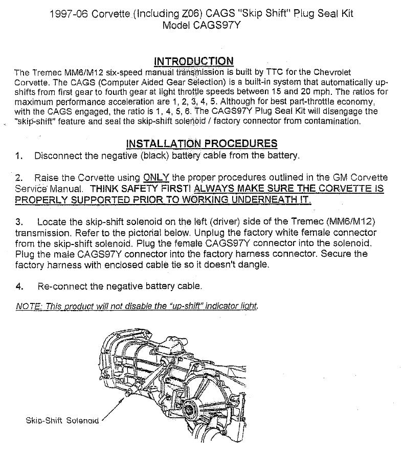 Corvette CAGS, “Skip Shift”, Plug Seal Set, Manual, – Corvette